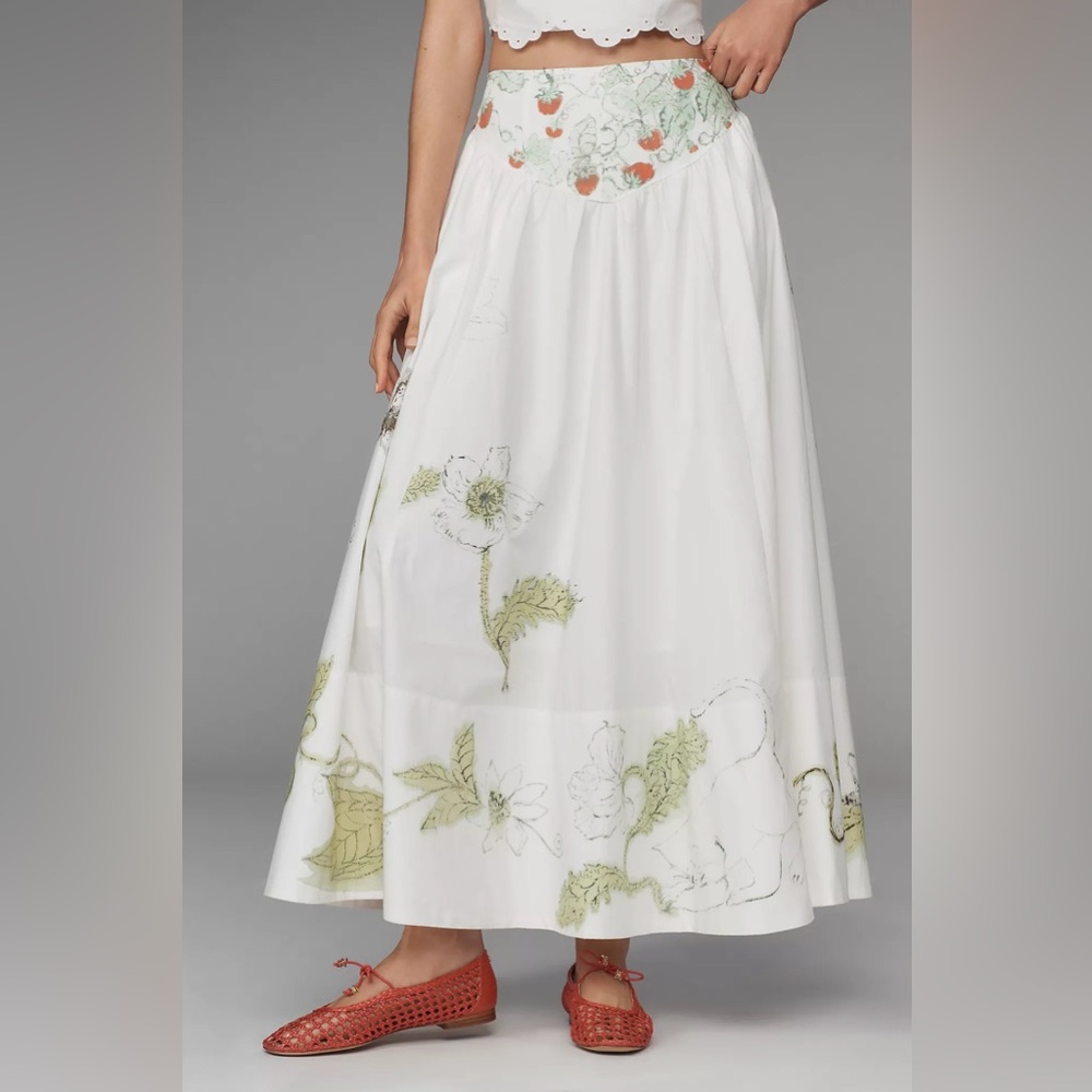 Anthropologie White Maxi Skirt with Green Floral Embroidery